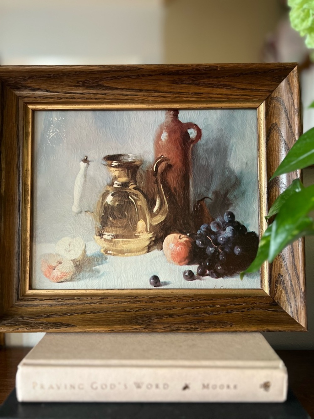 Vintage Fruit & Pitcher Oil Painting in Wood Frame